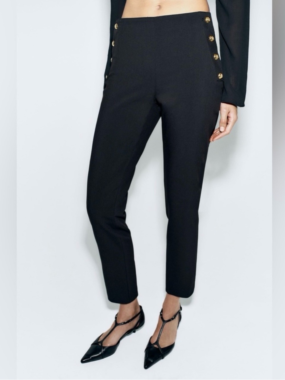 Zara Collection Black with Gold Buttoned Straight Leg Pants Size L